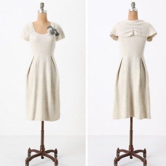 Anthropologie Moth Cream Off-Shoulder Pleat Dress - Picture 1 of 8